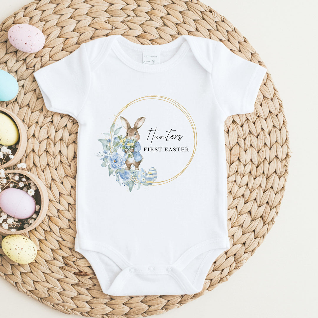 Personalised Blue Bunny Wreath My First Easter Baby Grow, Vest or Bib