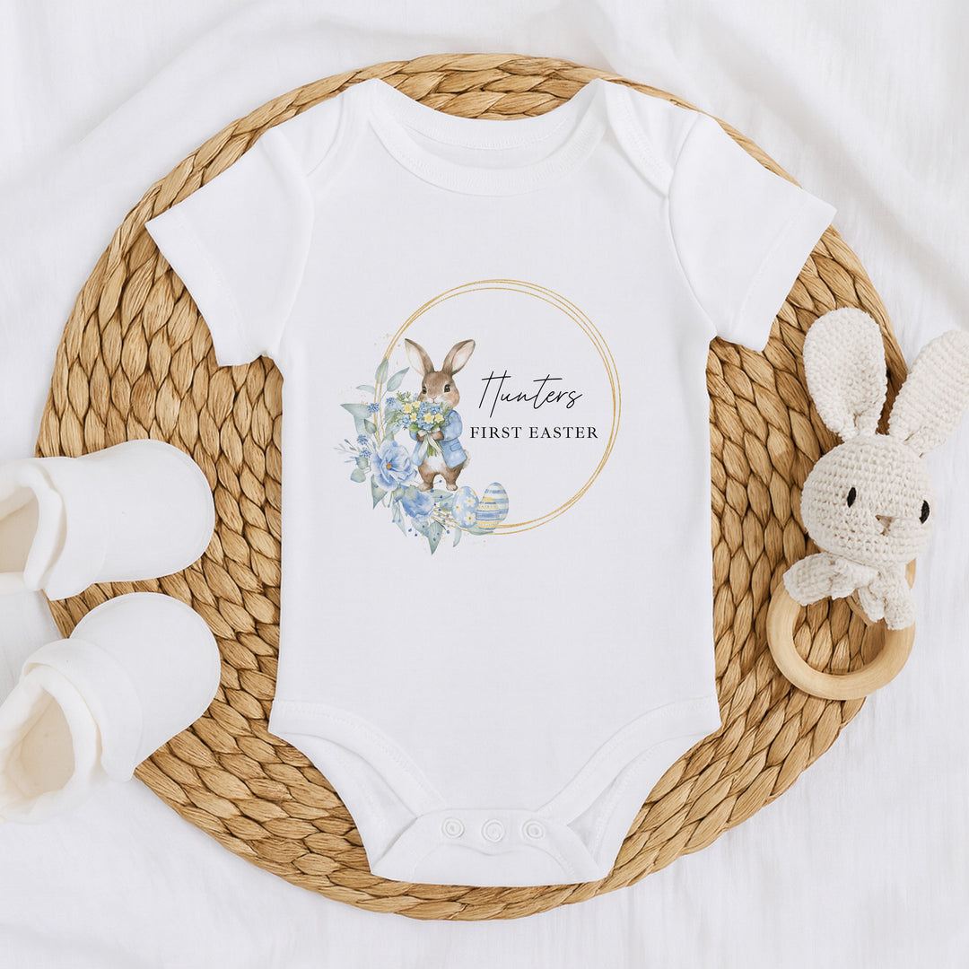 Personalised Blue Bunny Wreath My First Easter Baby Grow, Vest or Bib