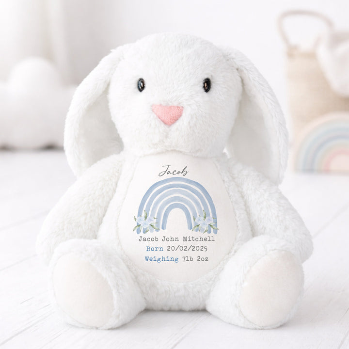 Personalised Blue Floral Rainbow Birth Announcement Rabbit