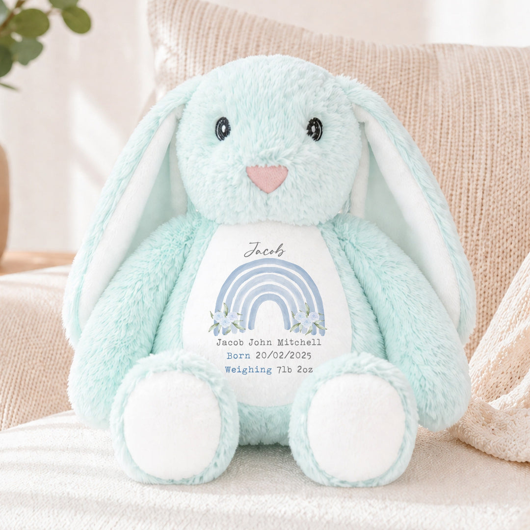 Personalised Blue Floral Rainbow Birth Announcement Rabbit