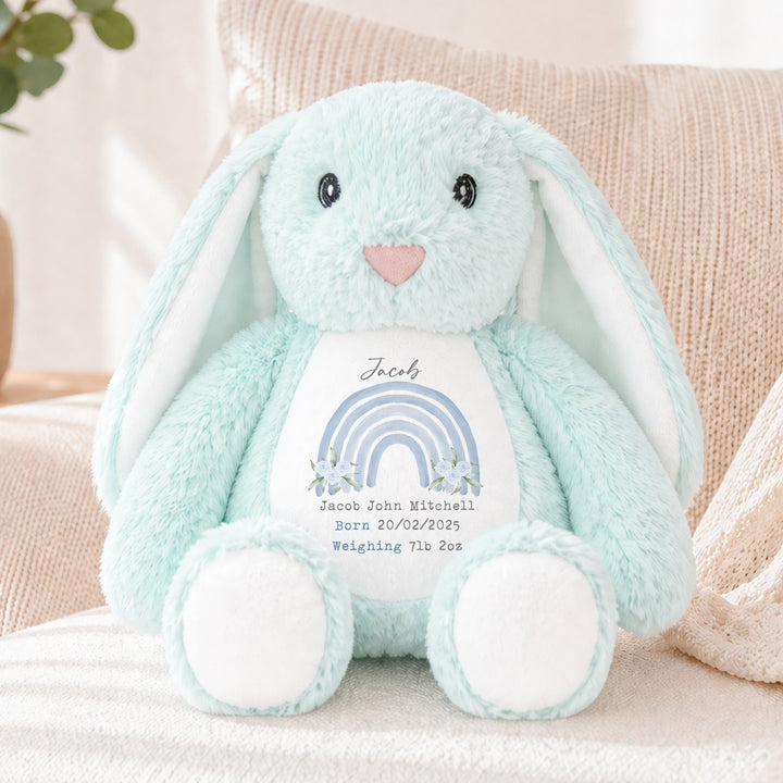 Personalised Blue Floral Rainbow Birth Announcement Rabbit