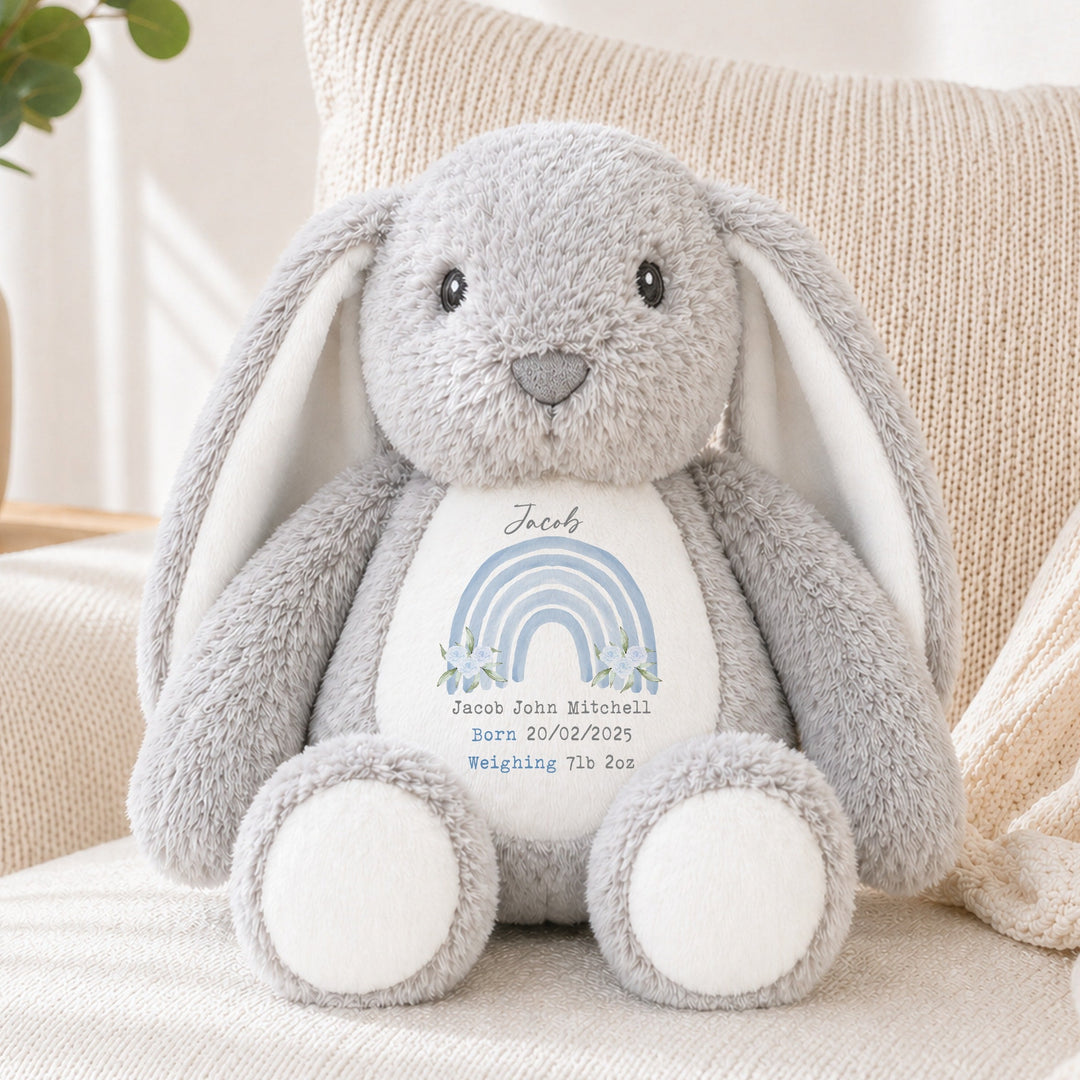 Personalised Blue Floral Rainbow Birth Announcement Rabbit