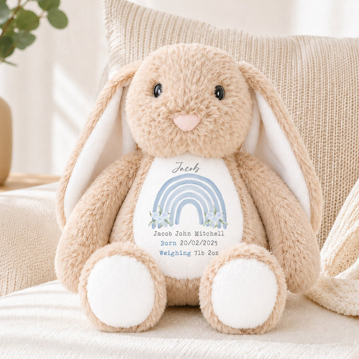 Personalised Blue Floral Rainbow Birth Announcement Rabbit