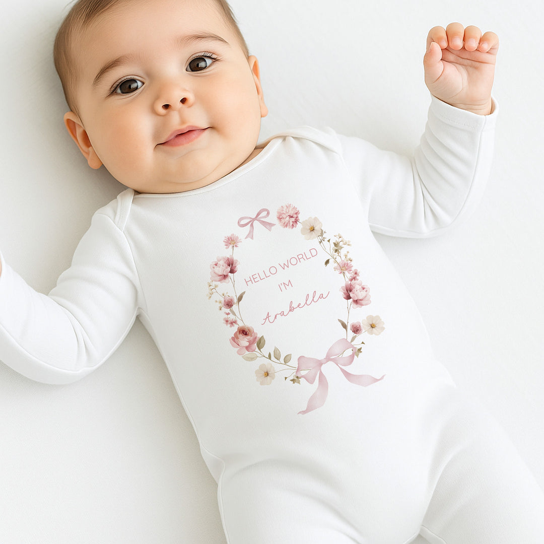 Personalised Girls Floral Wreath Babygrow & Bunny Set