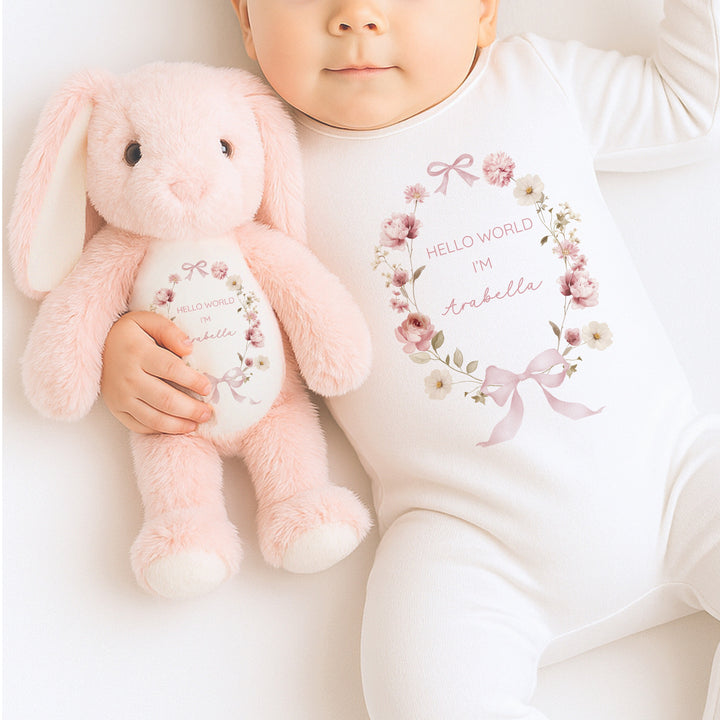 Personalised Girls Floral Wreath Babygrow & Bunny Set