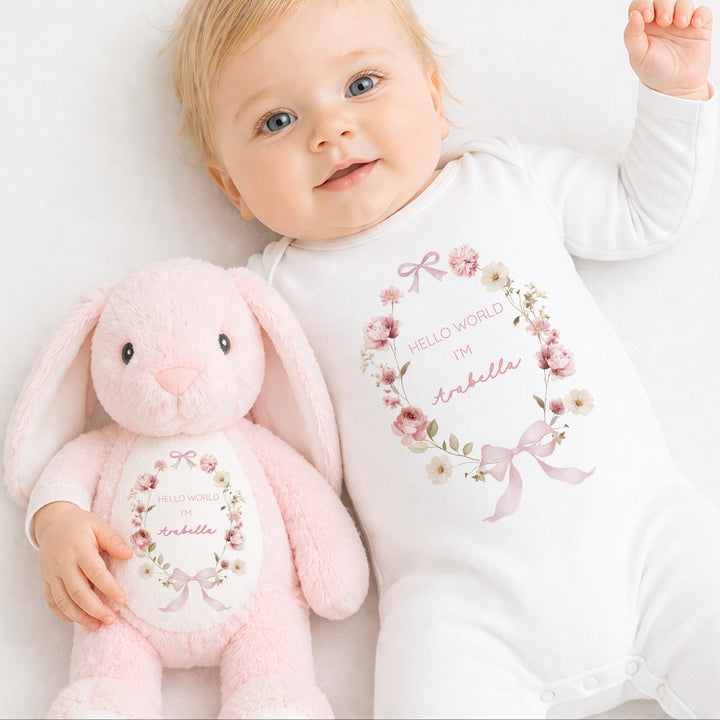 Personalised Girls Floral Wreath Babygrow &amp; Rabbit Set