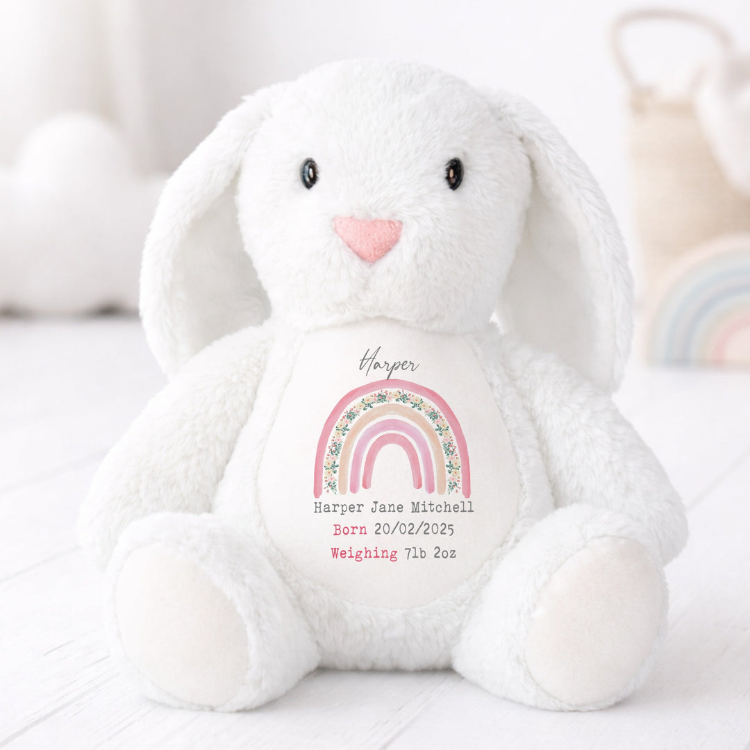 Personalised Pink Rainbow Birth Announcement Rabbit