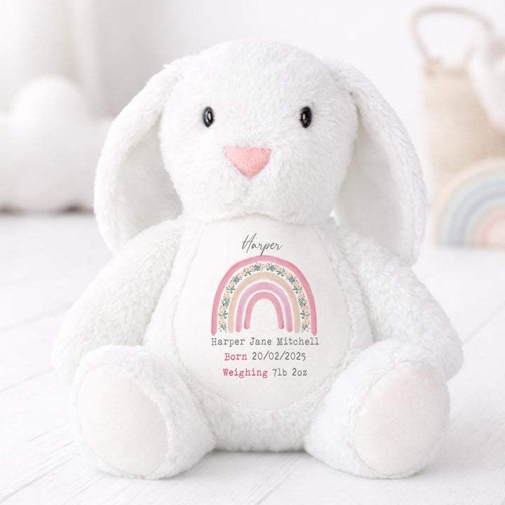 Personalised Pink Rainbow Birth Announcement Rabbit