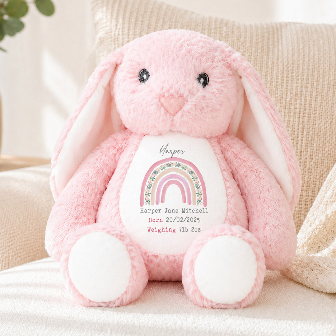 Personalised Pink Rainbow Birth Announcement Rabbit