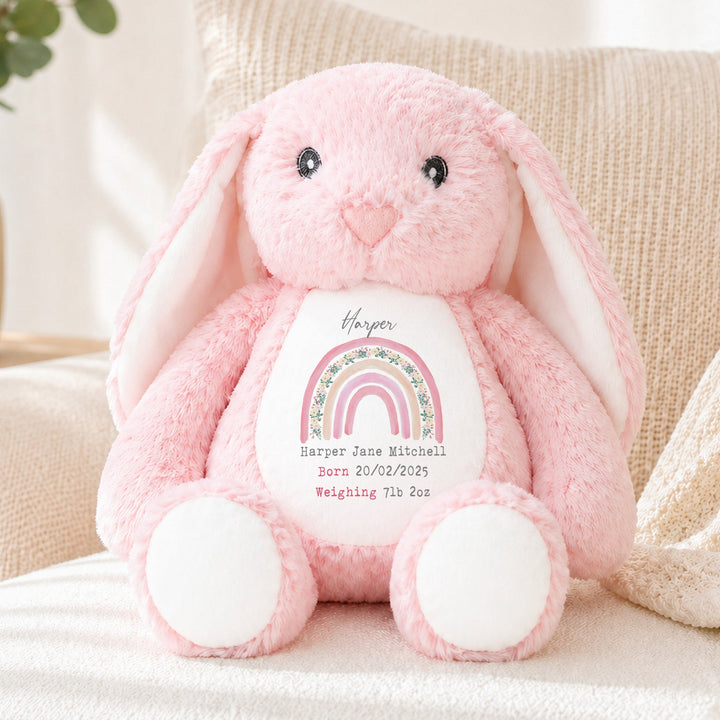 Personalised Pink Rainbow Birth Announcement Rabbit