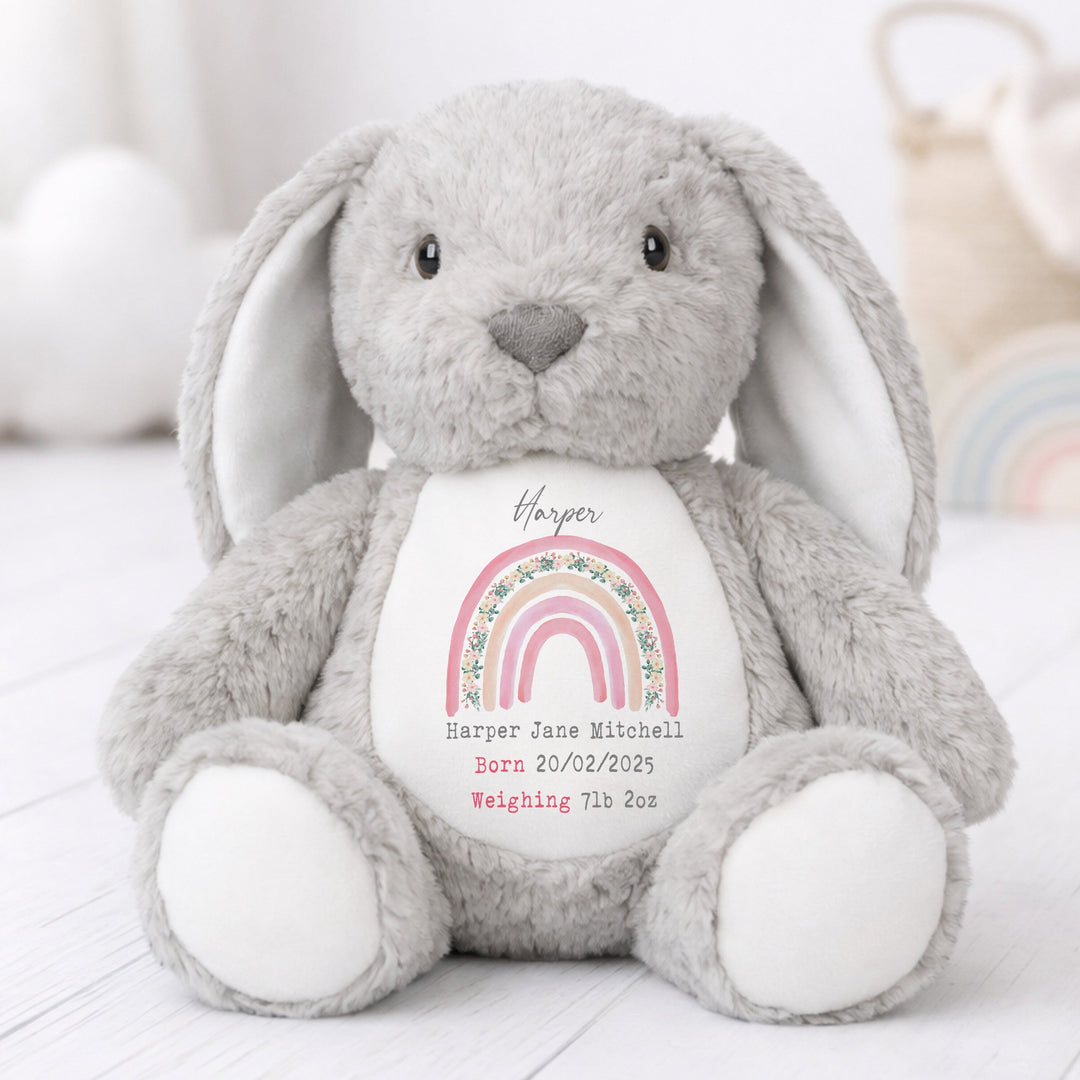 Personalised Pink Rainbow Birth Announcement Rabbit