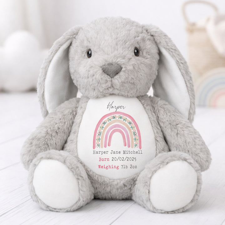 Personalised Pink Rainbow Birth Announcement Rabbit