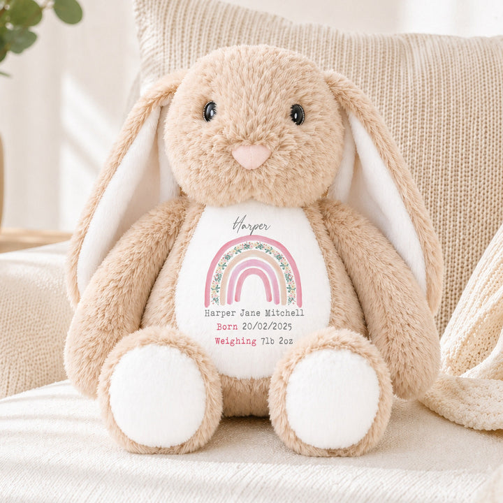 Personalised Pink Rainbow Birth Announcement Rabbit