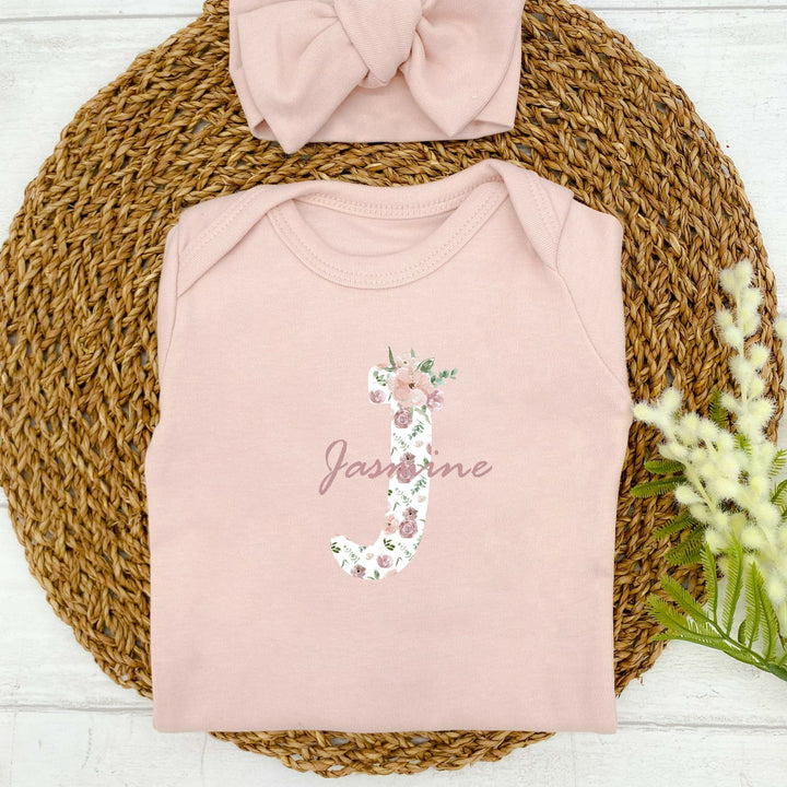 Personalised Floral Initial Babygrow with optional Heaband & Blanket