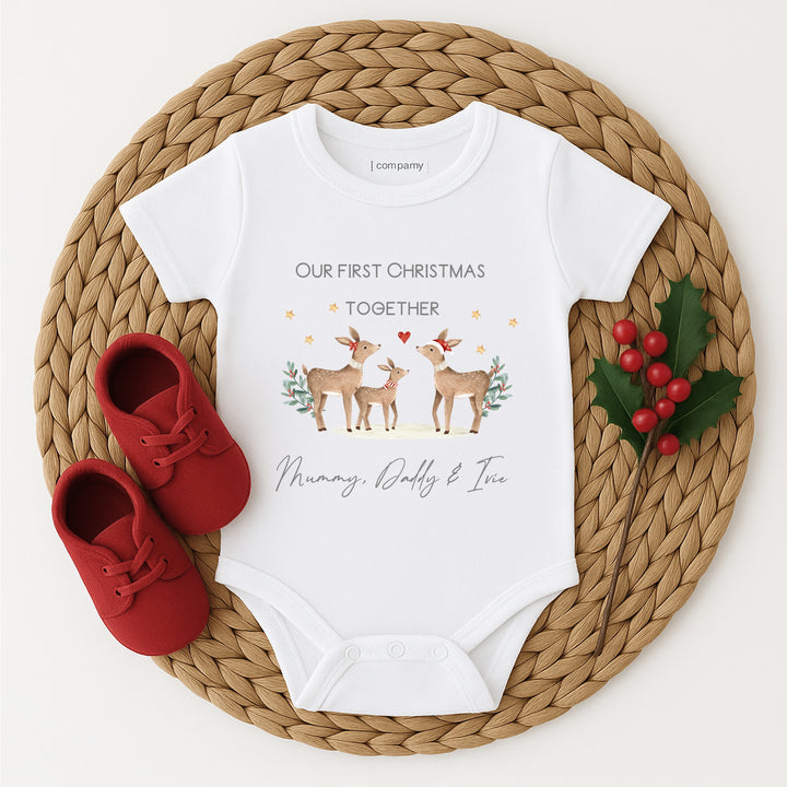 Personalised Deer First Christmas As A Family Baby Grow/Vest/Bib