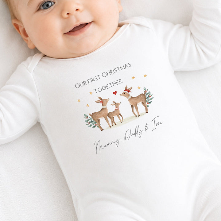 Personalised Deer First Christmas As A Family Baby Grow, Vest or Bib