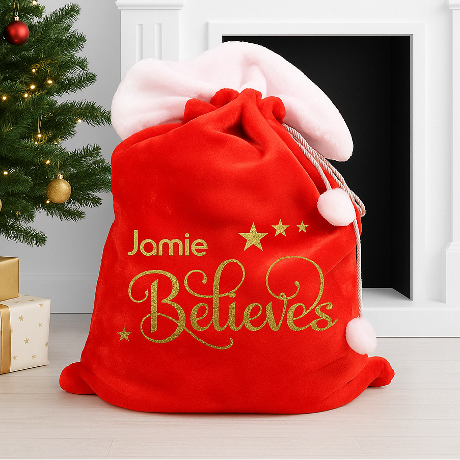 Personalised Name Believes Red Fluff PomPom Santa Sack