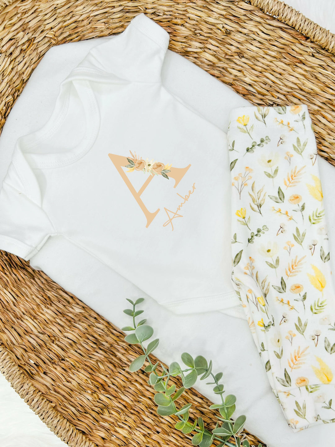 Personalised Spring Floral Peach Initial Baby Vest