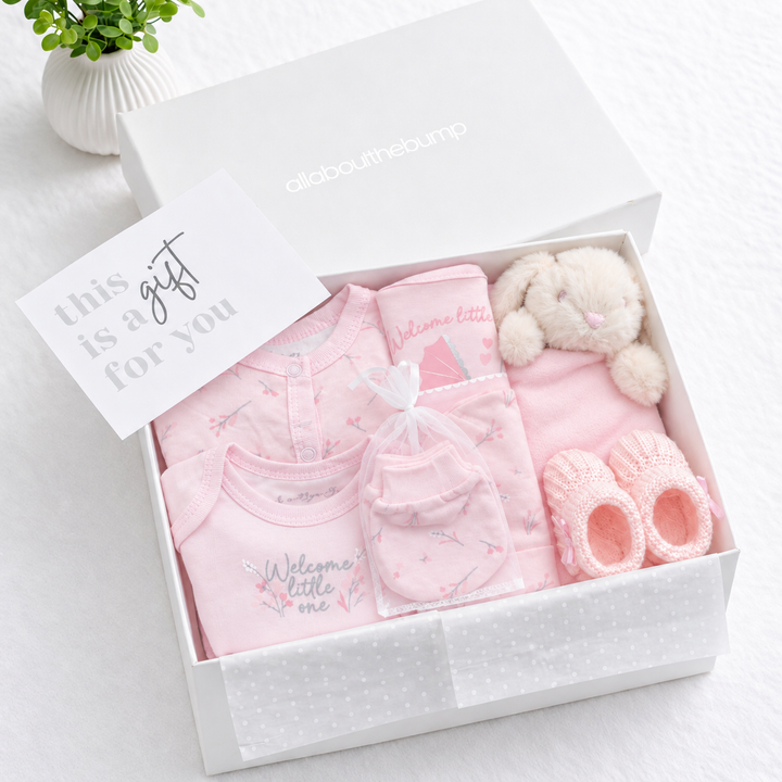 Girls Pink Floral Pram and Pink Embossed Comforter Baby Hamper