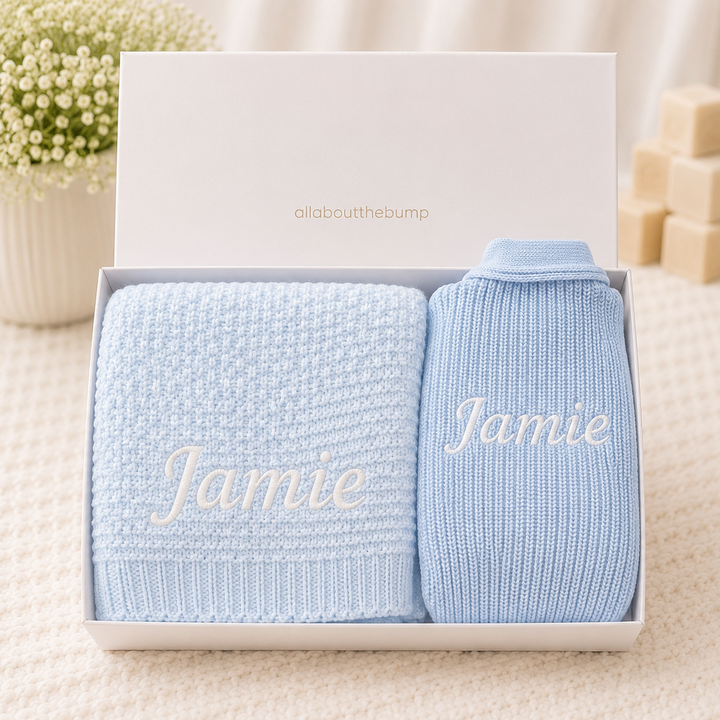 Personalised Blue Blanket and Cardigan Embroidered Baby Hamper