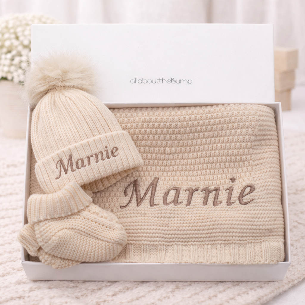 Embroidered Beige Blanket, Hat and Booties Gift Set
