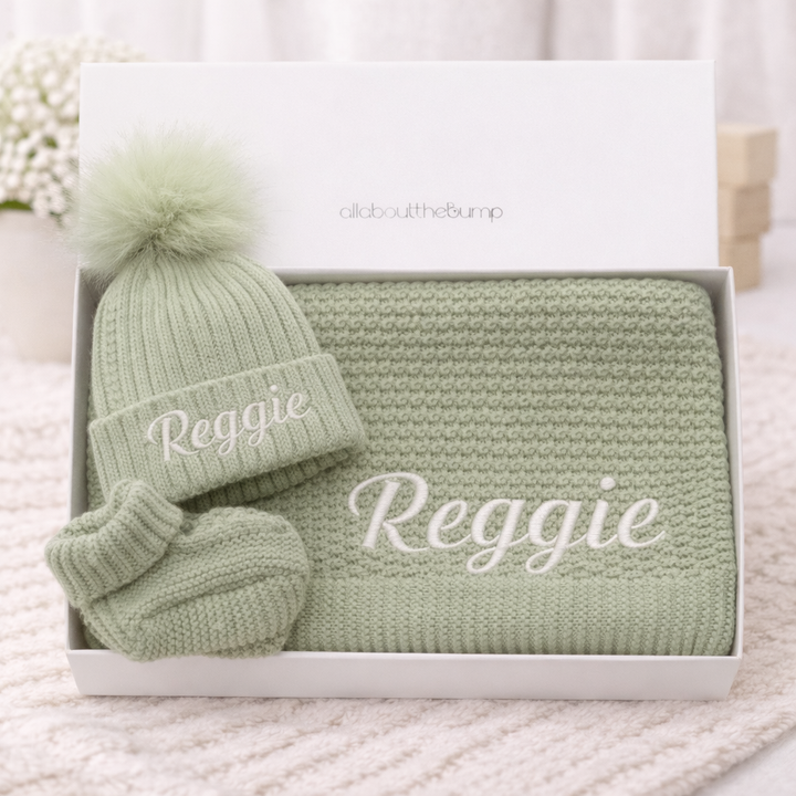 Embroidered Sage Green Blanket, Hat and Booties Gift Set