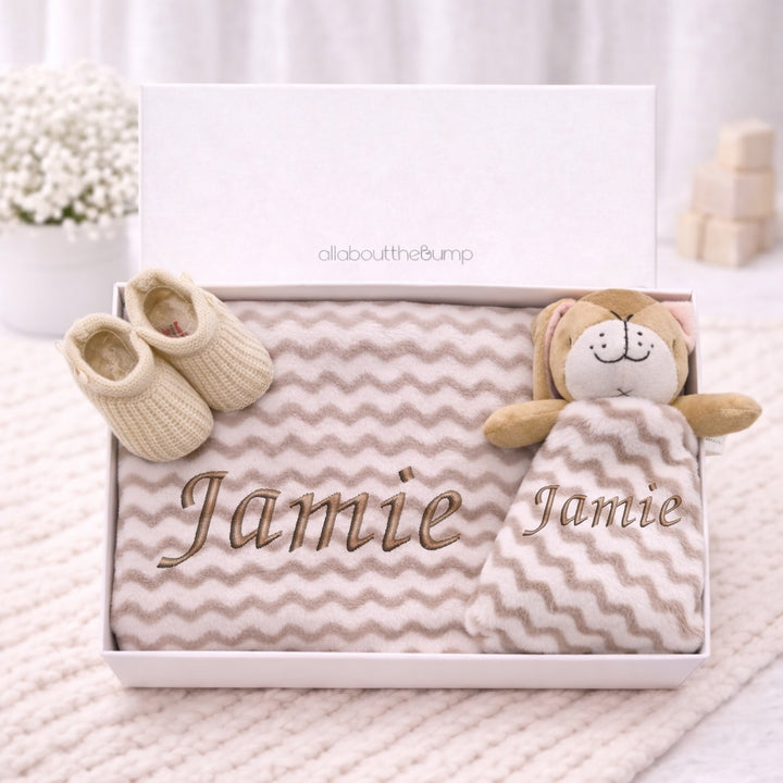 Embroidered Beige Zig Zag Blanket and Comforter Gift Set