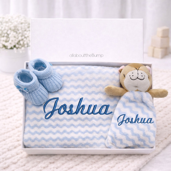 Embroidered Blue Zig Zag Blanket and Comforter Gift Set