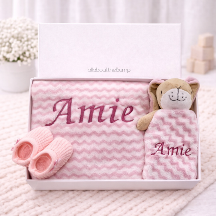 Embroidered Pink Zig Zag Blanket and Comforter Gift Set