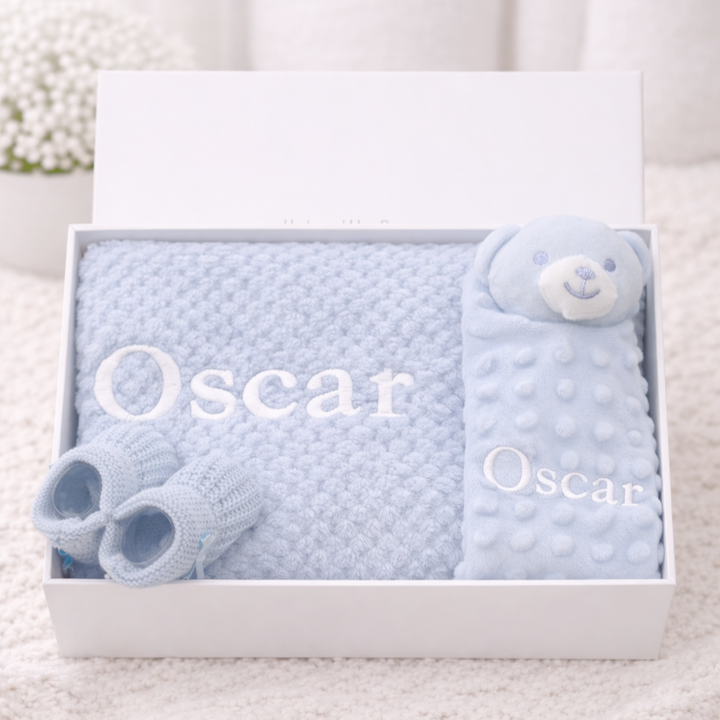 Embroidered Blue Dimple Blanket and Comforter Gift Set