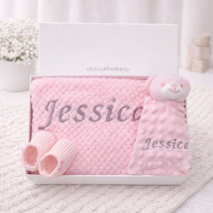 Embroidered Pink Dimple Blanket and Comforter Gift Set