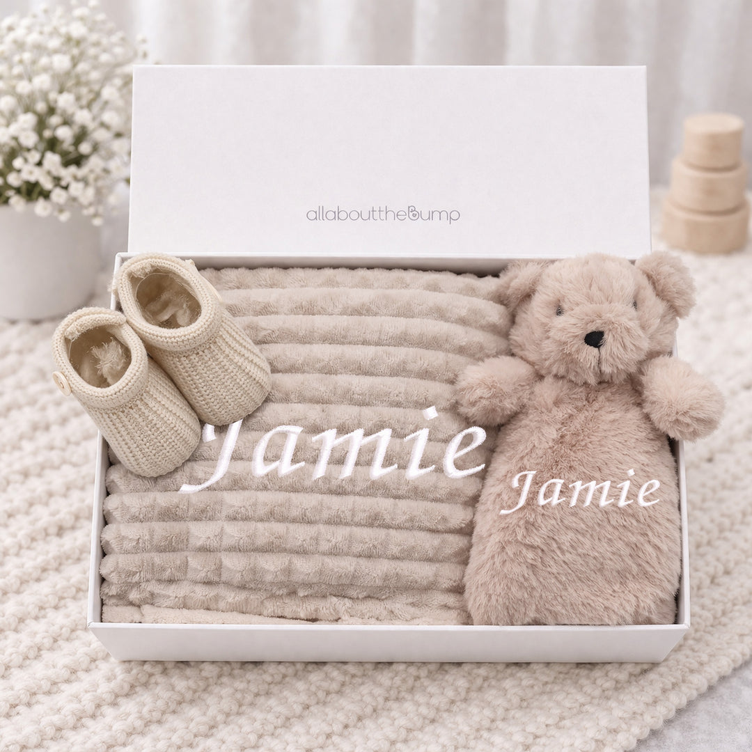 Embroidered Beige Waffle Blanket and Comforter Gift Set
