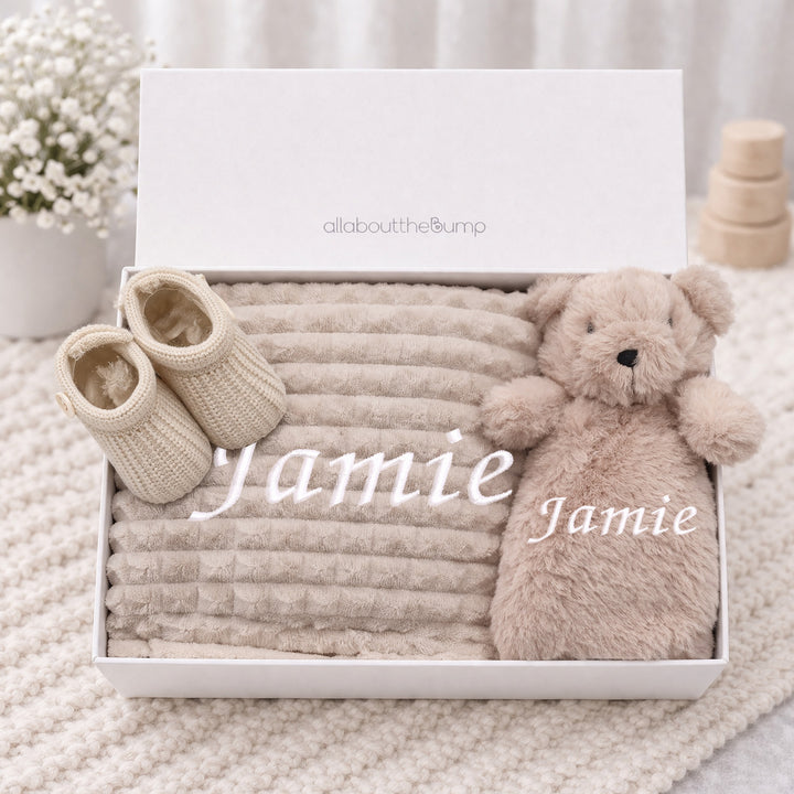 Embroidered Beige Waffle Blanket and Comforter Gift Set