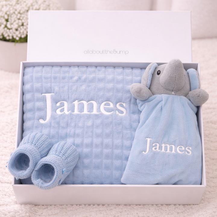 Embroidered Blue Waffle Blanket and Comforter Gift Set