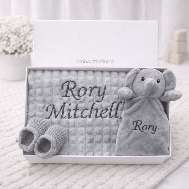 Embroidered Grey Waffle Blanket and Comforter Gift Set