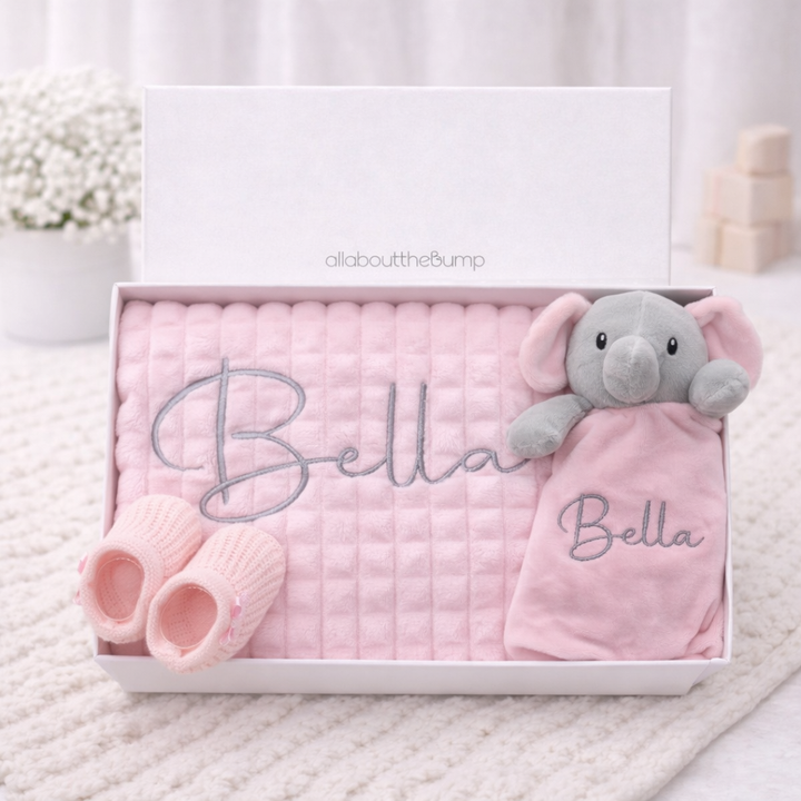 Embroidered Pink Waffle Blanket and Comforter Gift Set