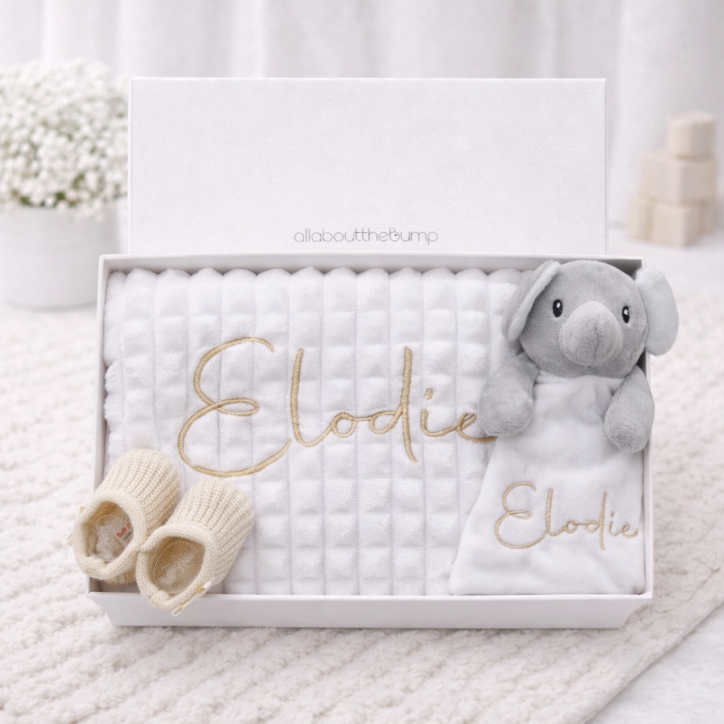 Embroidered White Waffle Blanket and Comforter Gift Set