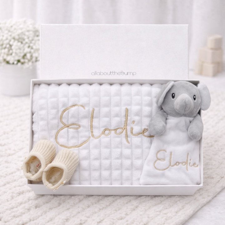 Embroidered White Waffle Blanket and Comforter Gift Set