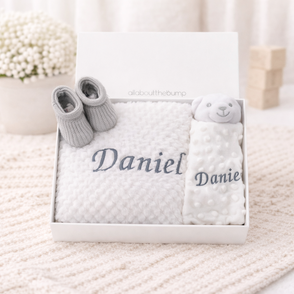 Embroidered White Dimple Blanket and Comforter Gift Set