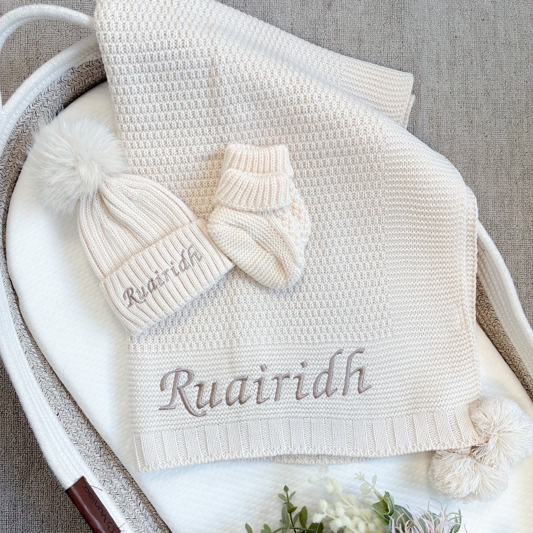 Embroidered Beige Blanket, Hat and Booties Baby Hamper