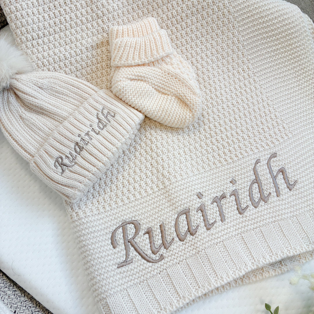 Embroidered Beige Blanket, Hat and Booties Baby Hamper