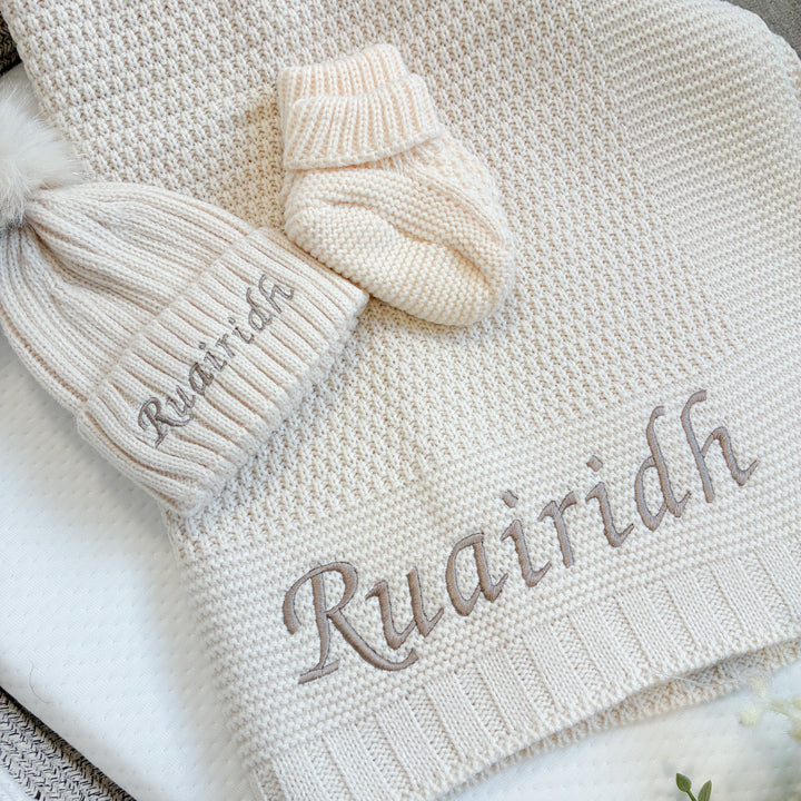 Embroidered Beige Blanket, Hat and Booties Baby Hamper