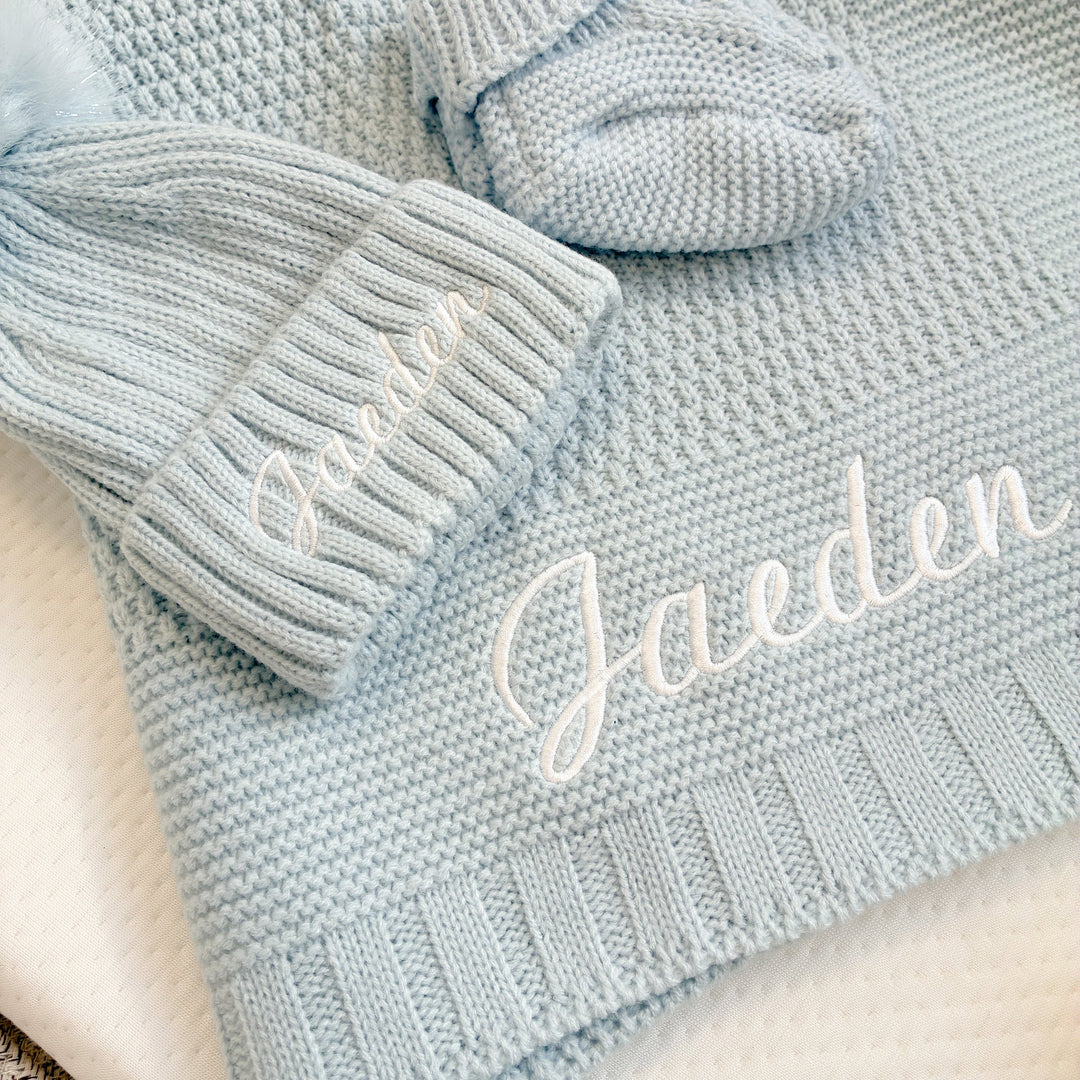 Embroidered Blue Blanket, Hat and Booties Gift Set