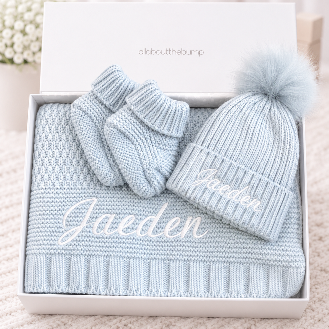 Embroidered Blue Blanket, Hat and Booties Gift Set