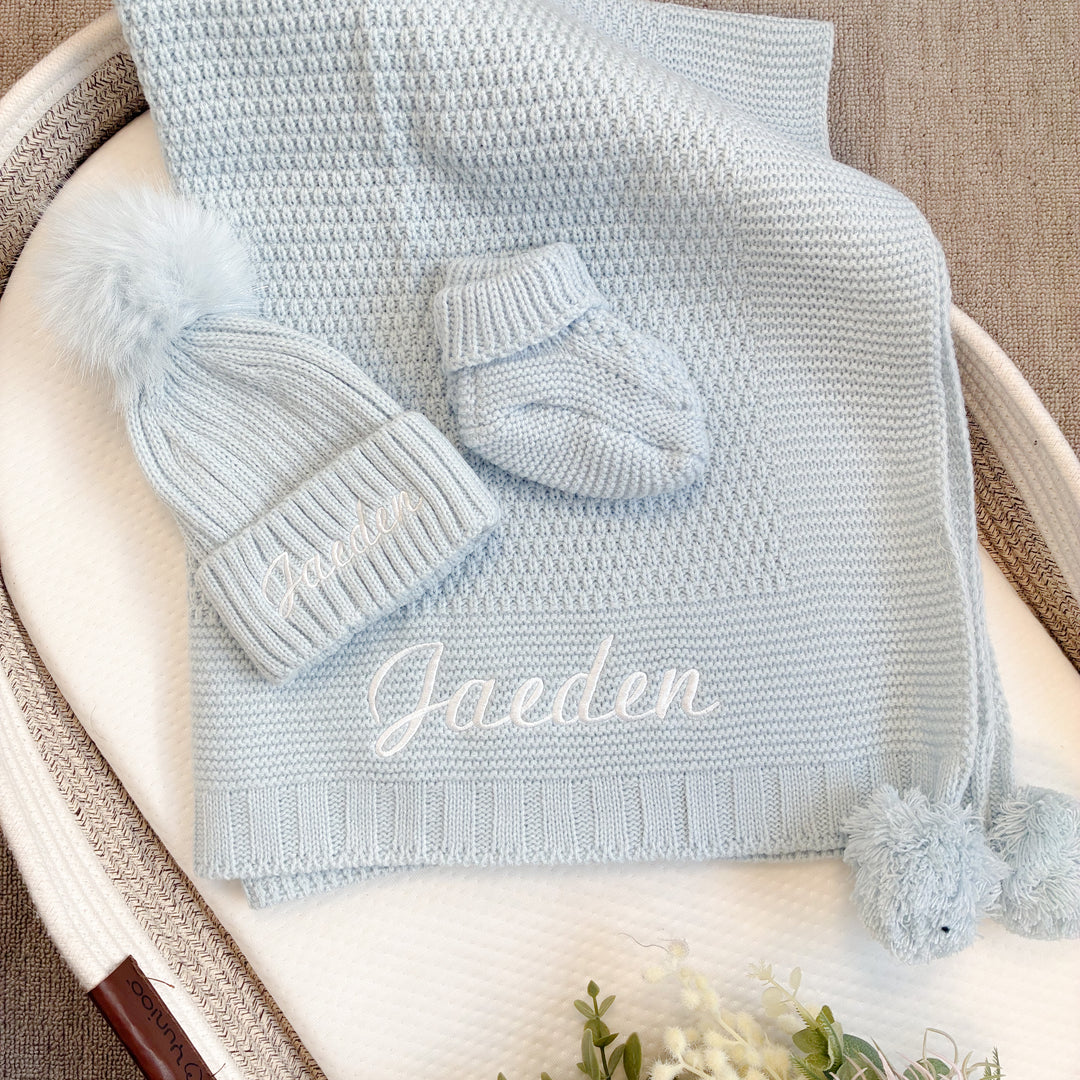 Embroidered Blue Blanket, Hat and Booties Gift Set