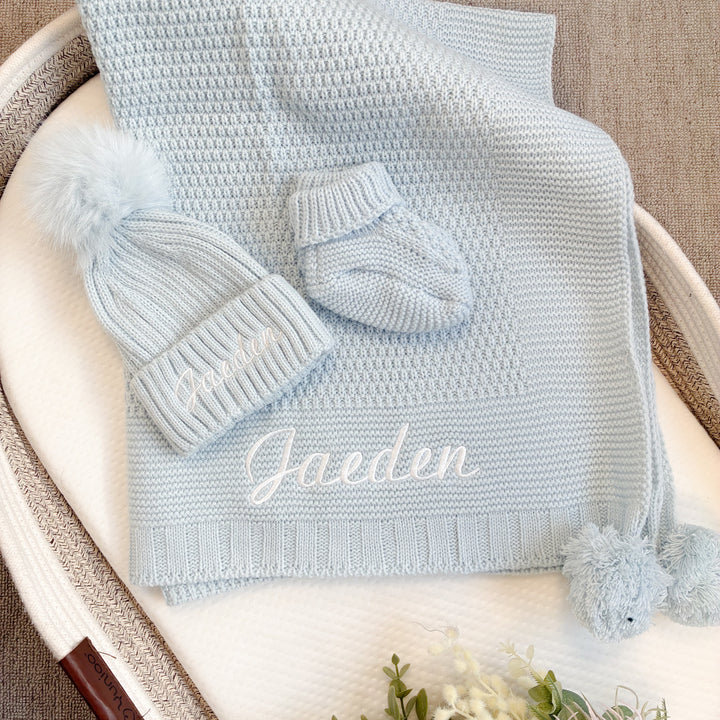 Embroidered Blue Blanket, Hat and Booties Gift Set