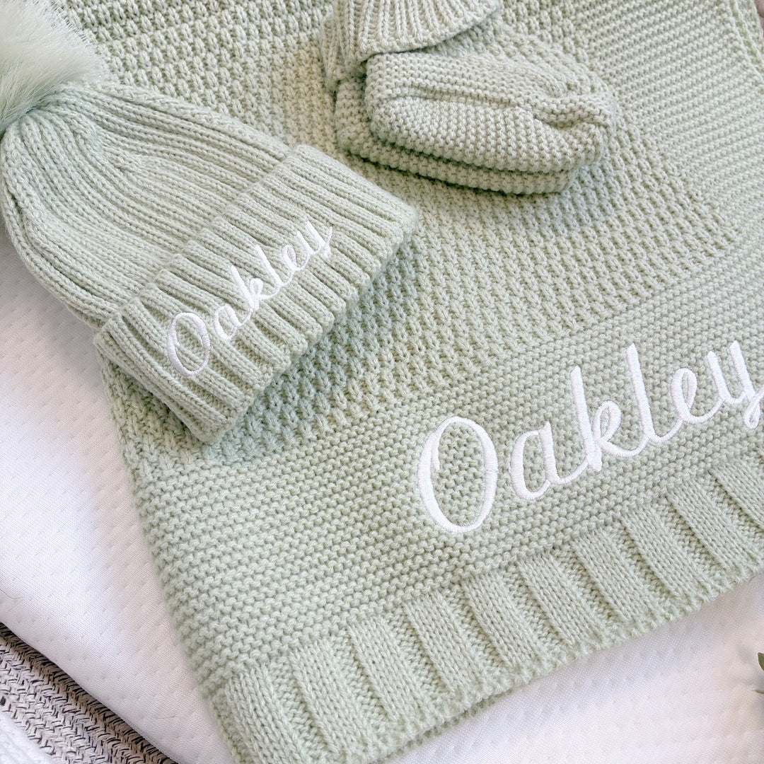 Embroidered Sage Green Blanket, Hat and Booties Baby Hamper Set