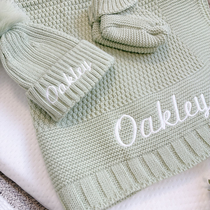 Embroidered Sage Green Blanket, Hat and Booties Baby Hamper Set