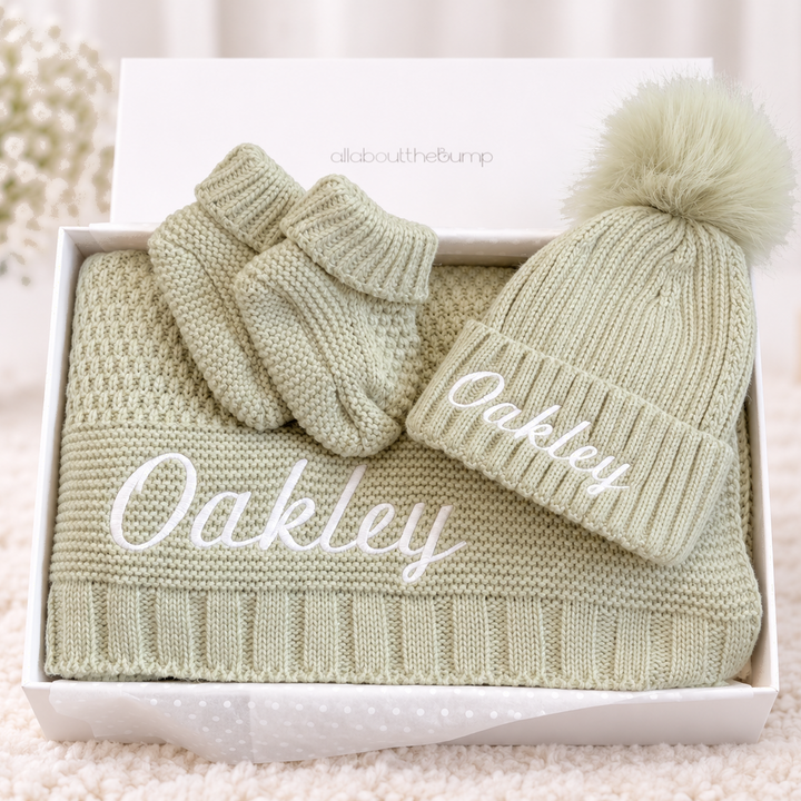 Embroidered Sage Green Blanket, Hat and Booties Baby Hamper Set