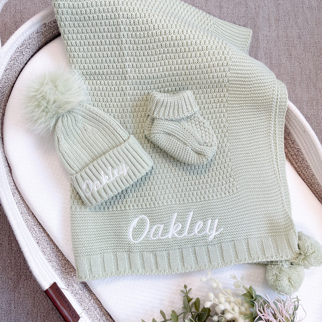 Embroidered Sage Green Blanket, Hat and Booties Baby Hamper Set